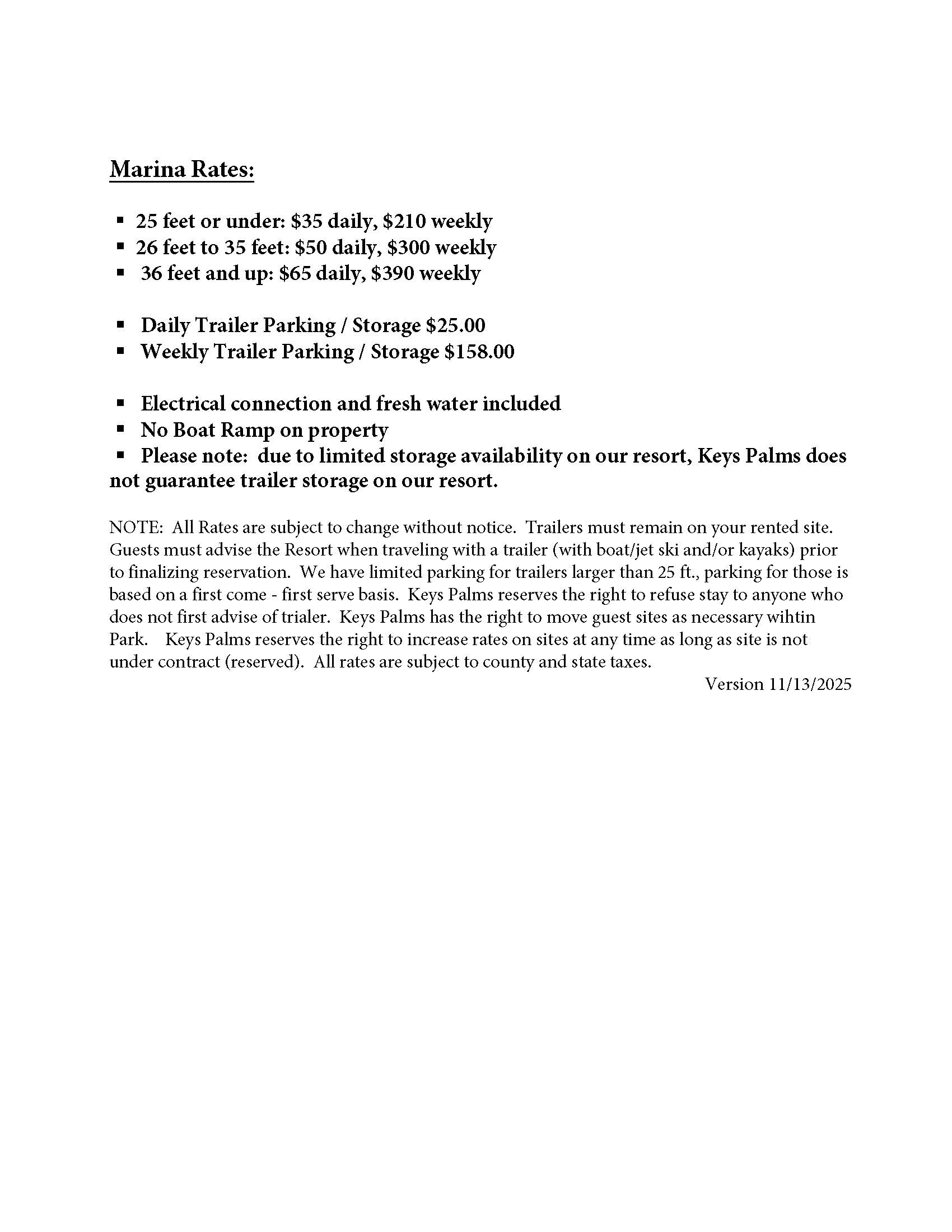 Keys Palms RV rates winter 2025 thru 2027 marina